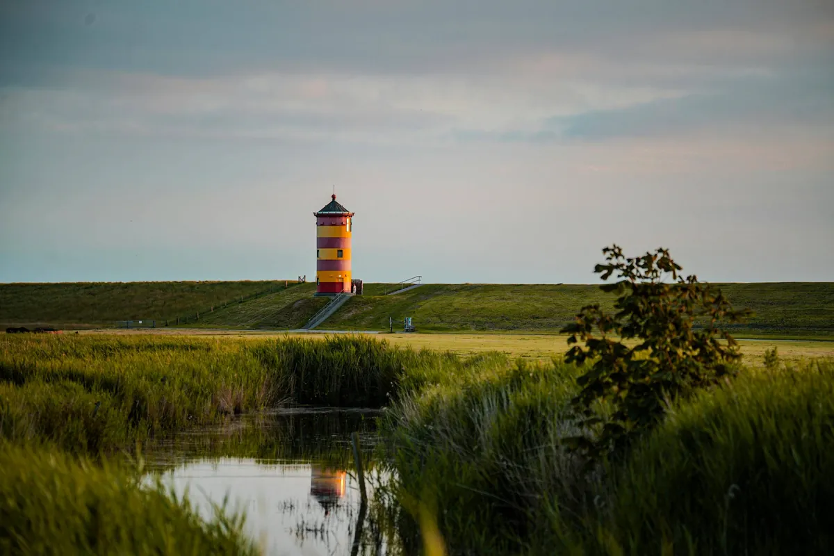 Leuchtturm hinter einer Wiese und einem Teich im Abendlicht